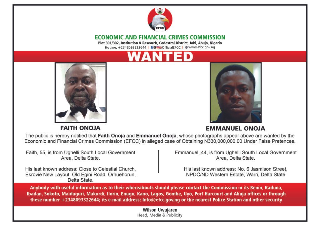 Breaking: EFCC Declares Faith Onoja and Emmanuel Onoja Wanted