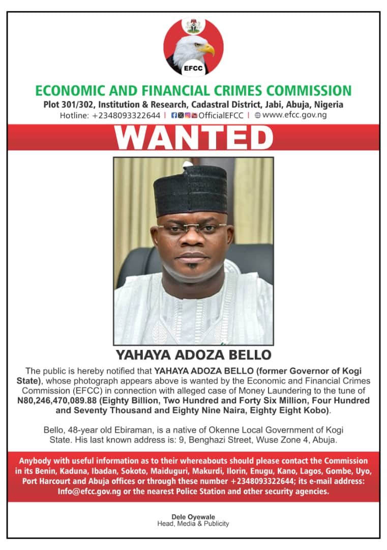 Wanted:  EFCC Declares Yahaya Bello Wanted