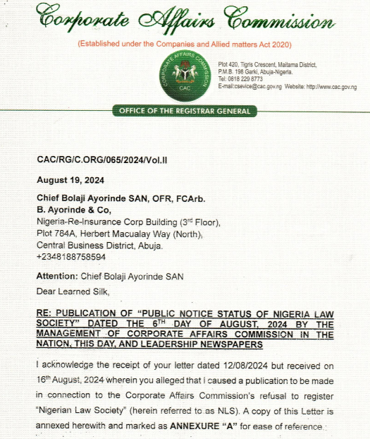 CAC: Reply to Chief Bolaji Ayorinde – Nigerian Law Society