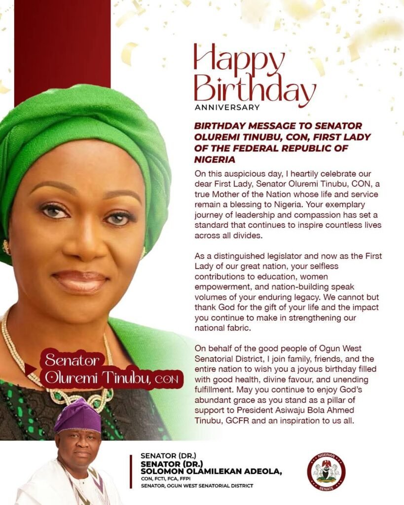 You are the Mother of the Nation – Senator Adeola Hails 1st Lady, Sen. Oluremi Tinubu @,65