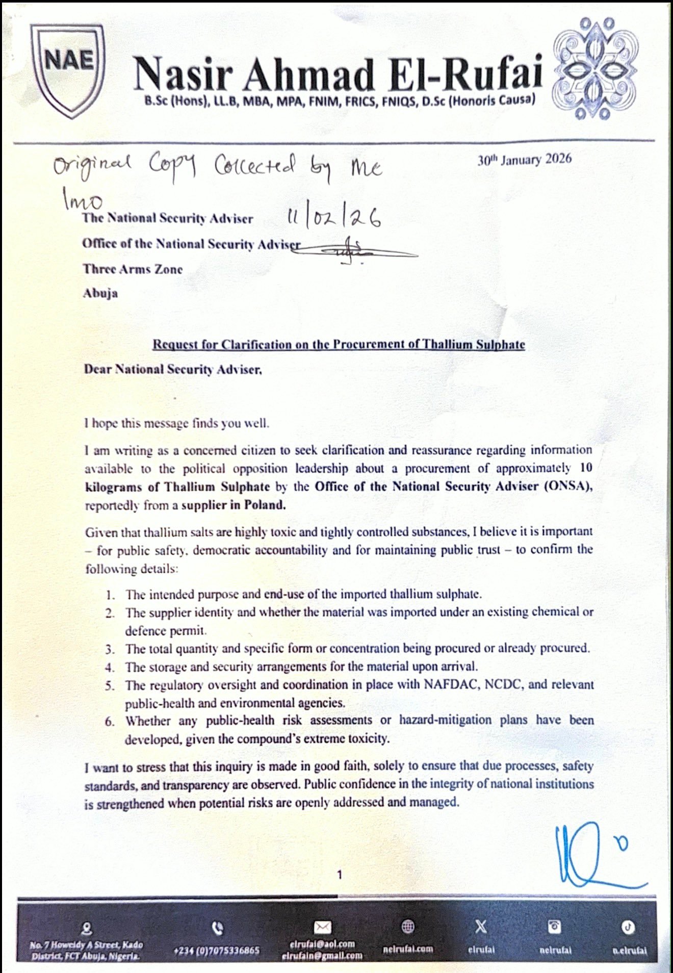 El-Rufai Alleges NSA Acquisition of thallium sulphate, a highly toxic chemical compound