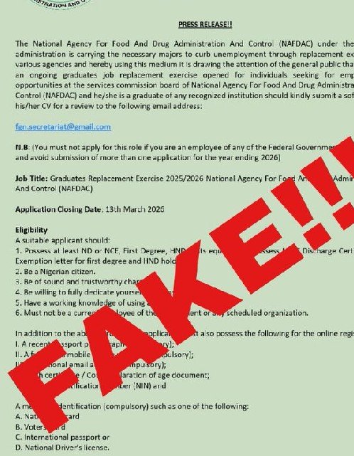 Breaking:  NAFDAC Dismisses Fake Press Release on Purported Recruitment Exercise