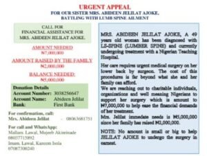 Woman, Bed-Ridden with LUMBAR SPINE, Cries out for Help, Needs N7 Million for Surgery